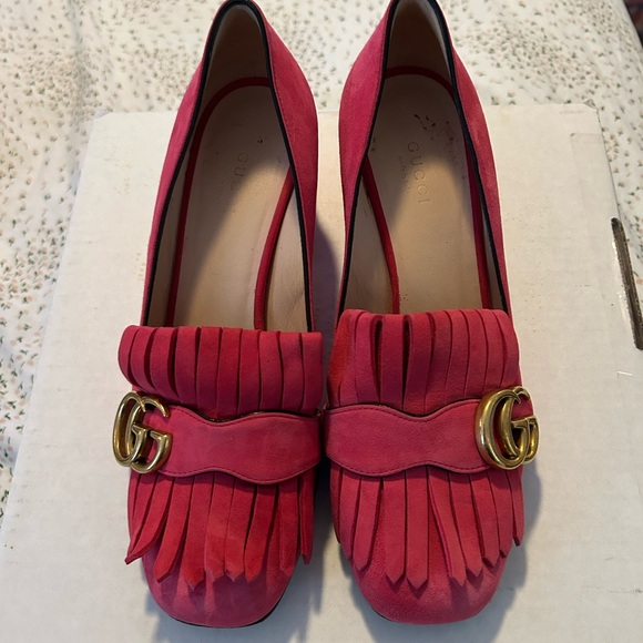 Gucci Shoes - Gucci Pink Suede Fringe Loafers with Gold Double G